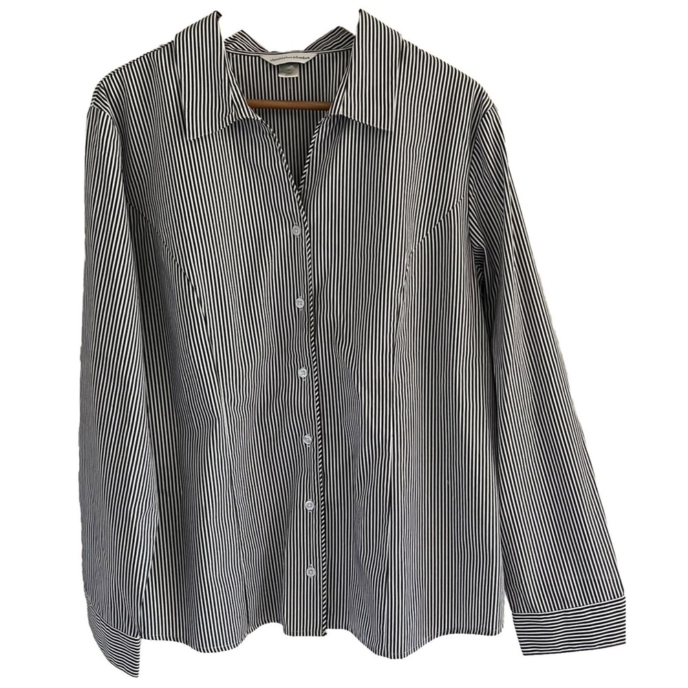 Christopher & Banks Top Long Sleeve Button Up V Neck Gray White Stripe Blouse XL